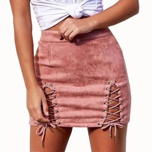 Pink Suede Lace Up Skirt